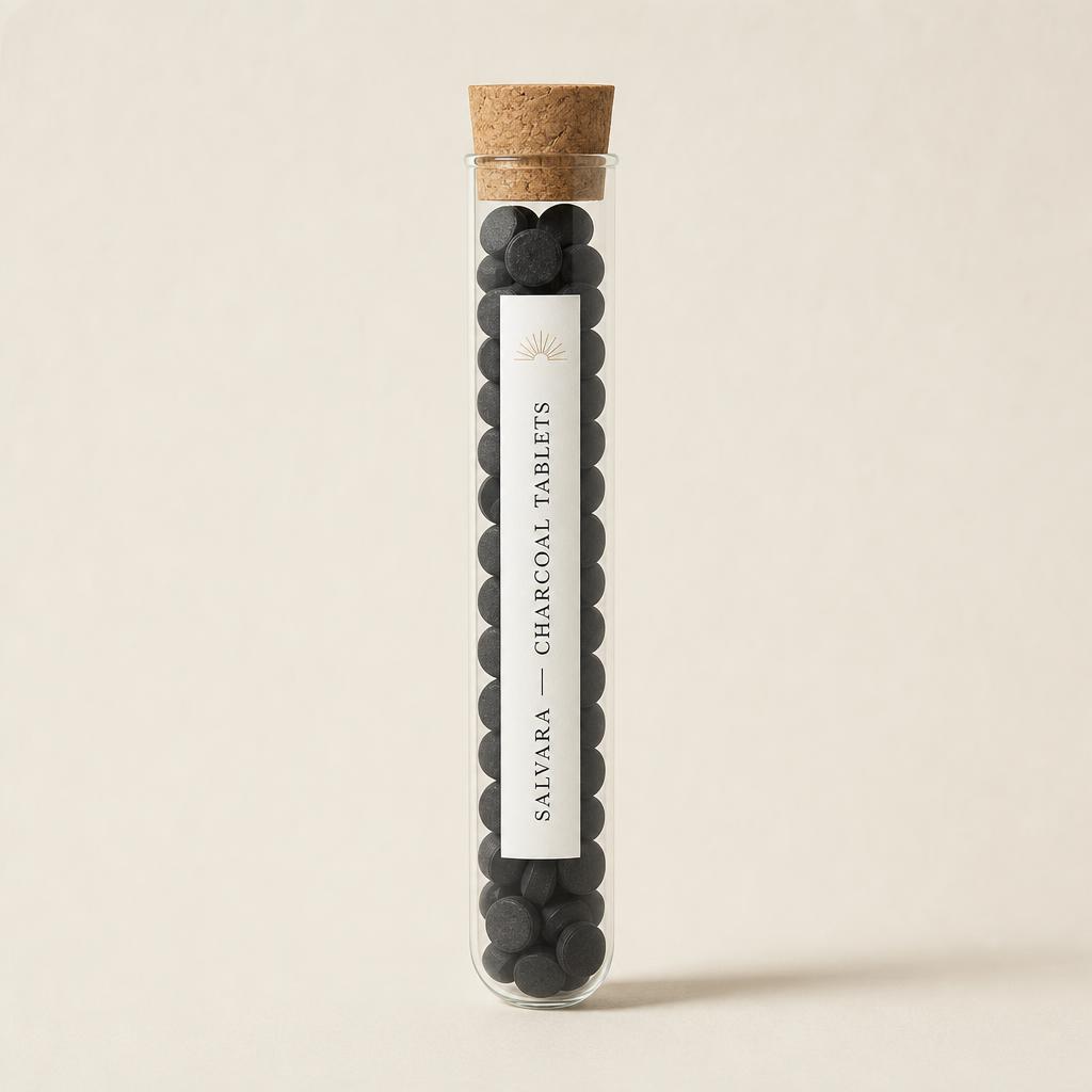 Charcoal toothpaste tablets in glass jar